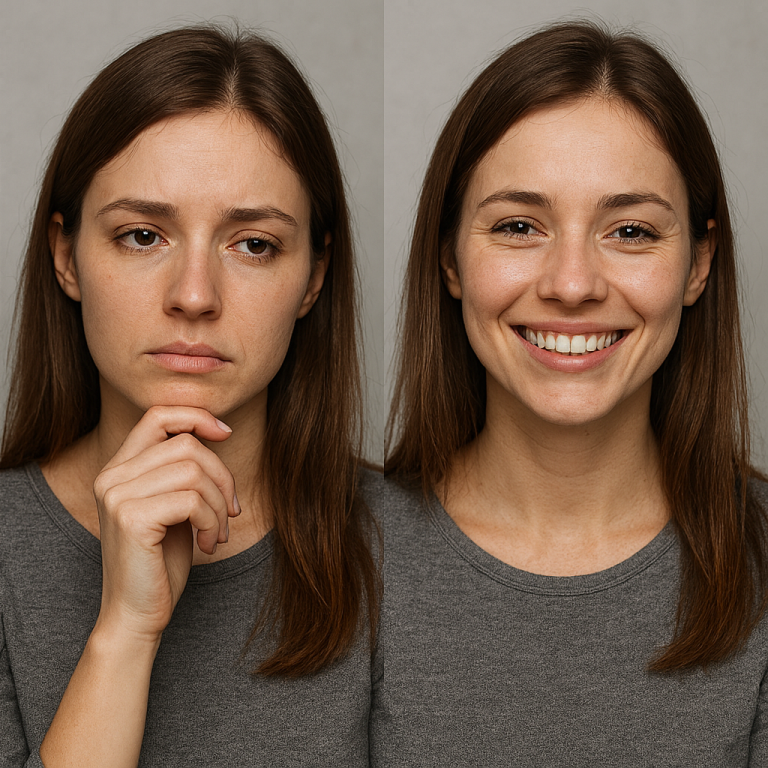 Vita Mentalis - Mental Health Frau mit wechselndem Gesichtsausdruck: nachdenklich links, lächelnd rechts.