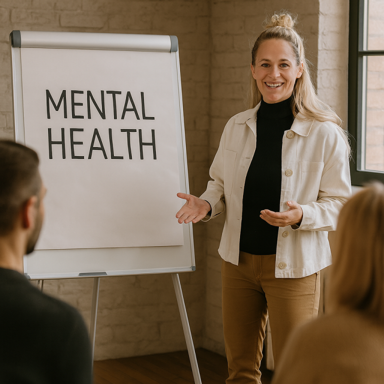 Mentale Gesundheit Frau präsentiert in einem Workshop das Thema mentale Gesundheit vor einer Gruppe.