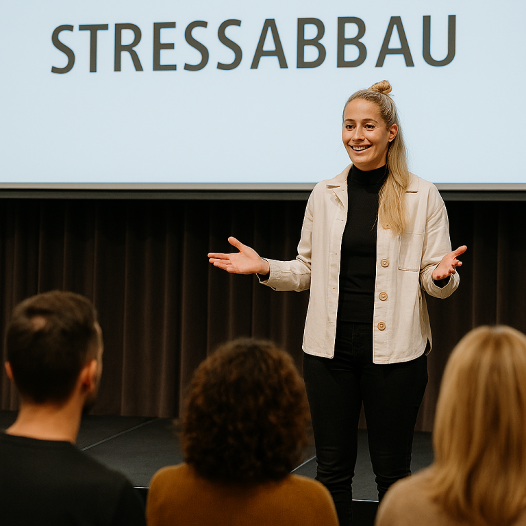 Stressabbau Frau spricht mit Publikum über Stressabbau.